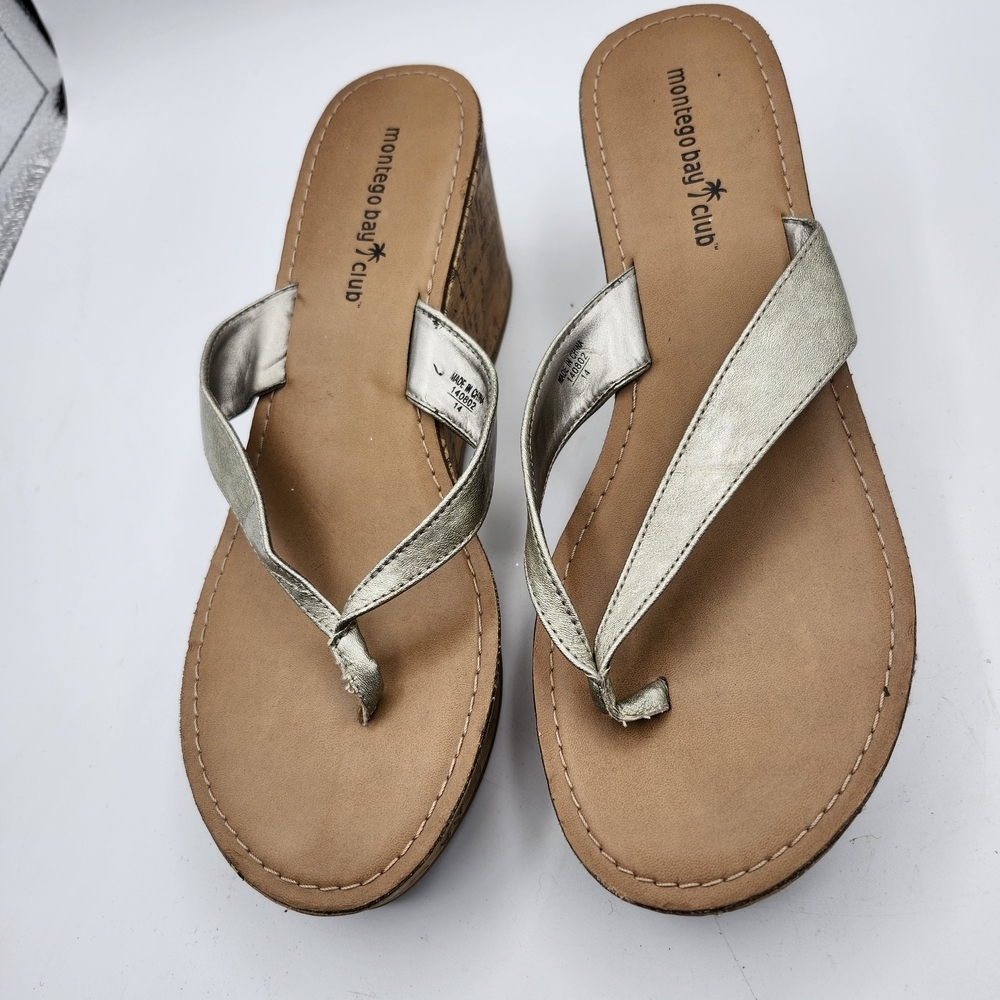 Montego Bay Club Metallic and Tan Cork Wedge Sandals Sz 9